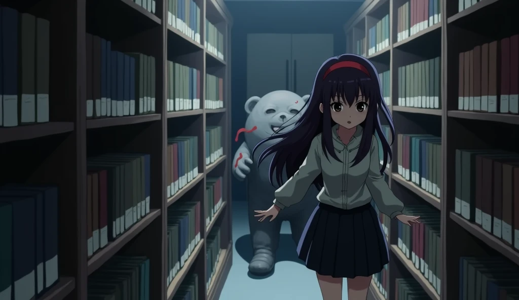 May ((A female student with long, dark purple hair that reaches the middle of her back. She always wears a red headband. She have a brown eyes color. She is wearing a long-sleeved shirt and a black skirt.)) The mole mascot ((A scary mole mascot costume, a bloody suit and carries a knife)) starts walking toward May. Its heavy footsteps echo throughout the library. May steps back, feeling terrified. She runs through the narrow passageways between the bookshelves, trying to find a way out. The mascot continues to follow closely behind.