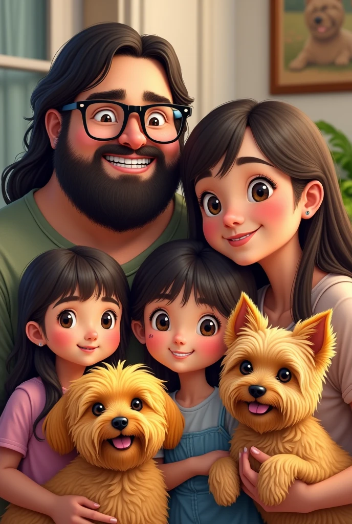 A chubby man with a dark beard, long hair and black glasses with a chubby woman with braces and glasses with shoulder-length hair, a chubby girl with long hair and a mole near her mouth ,A thin girl with hair below her shoulders, one with hair above the shoulder and with bangs, a small dog with curly hair of the Yorkshire breed and another dog of the Yorkshire breed in yellow color. 
