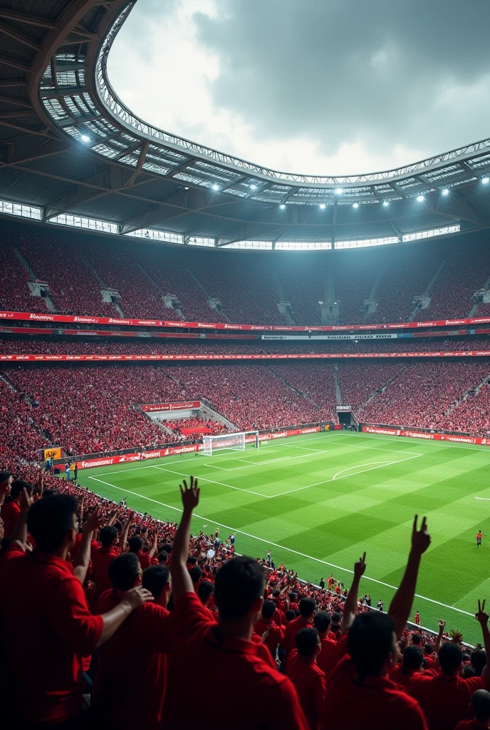 Create a detailed image of Maracanã packed with only Flamengo fans, in the dispute between the Flamengo and Bahia game