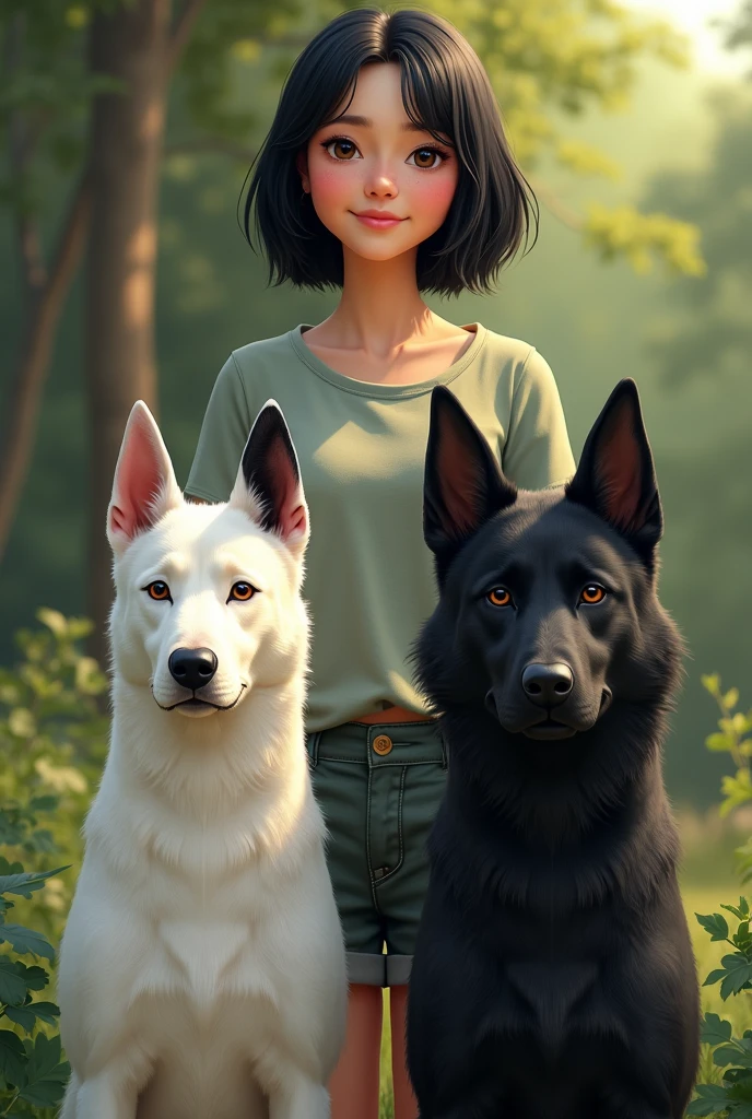 Young American woman short straight black hair with 2 dogs, one white English bull terrier with one black ear and a totally black calupoh wolfdog