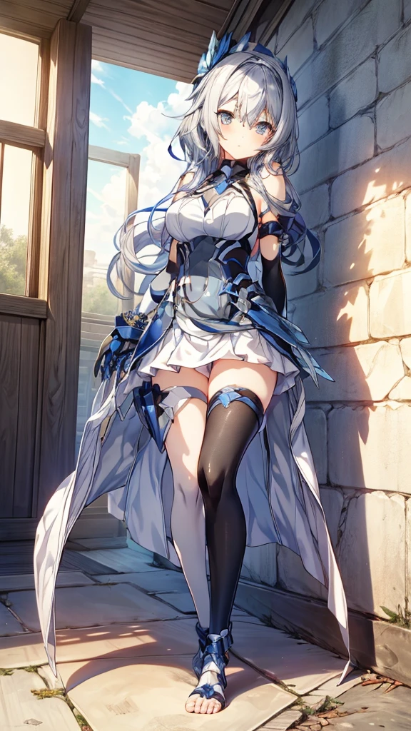 ((full body)),Teenage Girls in Anime, Blue and grey metal armor, Blue hand and thigh accessories, Short dark blue-gray hair, hair accessory, Grey Eyes, Silver earrings, nose, Curious, Healthy Skin, Very dirty, head, shoulder, Small box, arms, Have a map, Narrow waist, feet, Medium thighs, Has black robotic legs, cute, Bright colors on the shirt, Futuristic marble white palace, Shining light in the sky, Stand next to a wall, Cinematic Light, High resolution, Highest quality, Super detailed, Detailed face, (Detailed eyes), Highest quality, Super detailed, masterpiece, (Detailed face), Beautiful face, feetを見せて, short hair