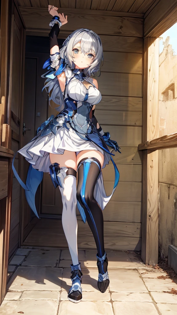 ((full body)),age Girls in Anime, Blue and grey metal armor, Blue hand and thigh accessories, Short dark blue-gray hair, hair accessory, Grey Eyes, Silver earrings, nose, Curious, Healthy Skin, Very dirty, head, shoulder, Small box, arms, Have a map, Narrow waist, feet, Medium thighs, Has black robotic legs, cute, Bright colors on the shirt, Futuristic marble white palace, Shining light in the sky, Stand next to a wall, Cinematic Light, High resolution, Highest quality, Super detailed, Detailed face, (Detailed eyes), Highest quality, Super detailed, masterpiece, (Detailed face), Beautiful face, feetを見せて, short hair