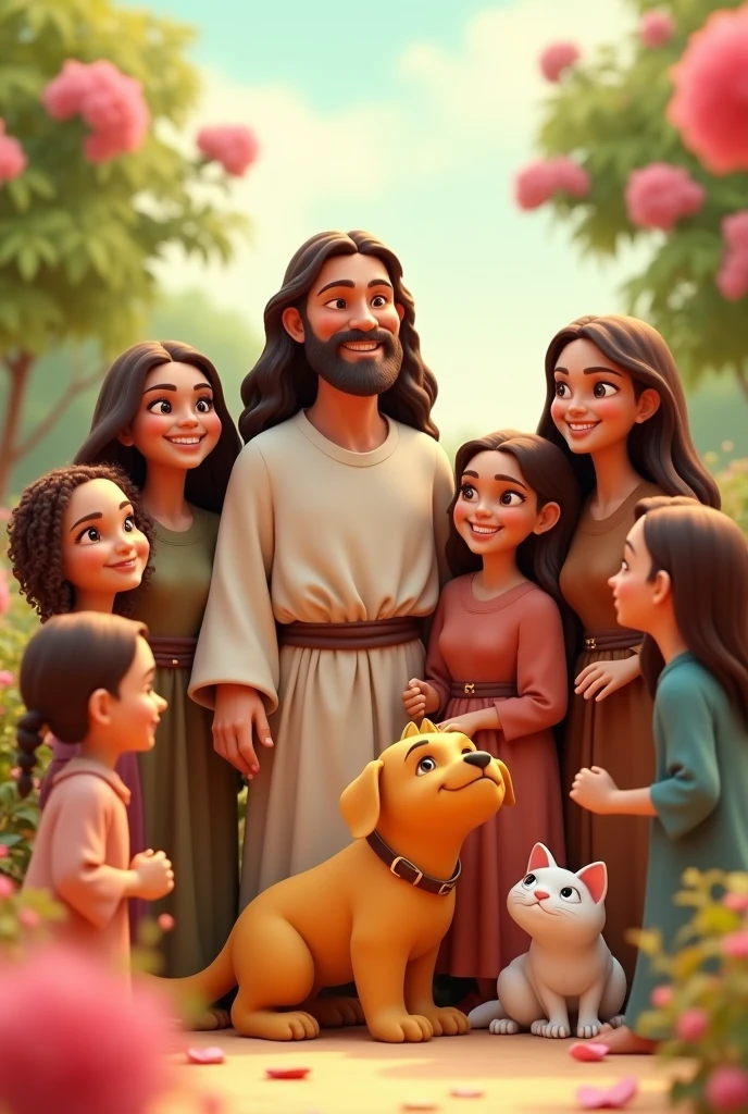 Tender image of Jesus smiling with five women, an adult mother and a man, a yellow dog and a white cat pixar type image 3D