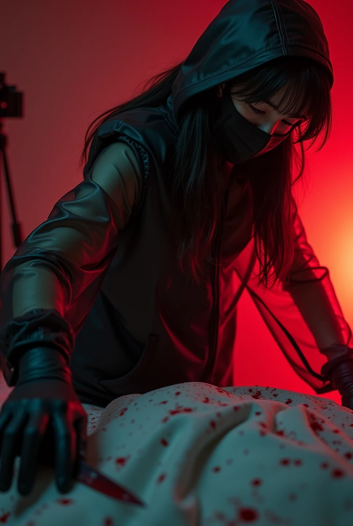 korean girl, (behind stiff, holding knife), black surgical mask, black leather gloves, bloody room, transparent raincoat, hood up, holding knife, leather gloves, woman on top, behind cadaver, blood splatter, bed room, night, mass murderer, killer, long bangs, blood splatter, dark atmosphere, cinematic lighting, atmospheric realistic, red lighting, close-up, tripod and camera in the back, shooting with camera
