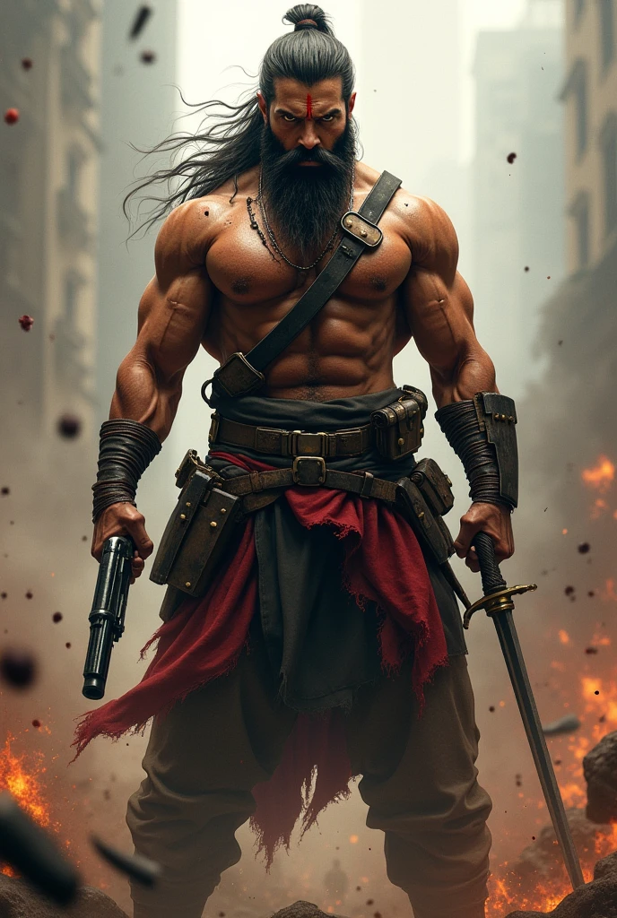 Prabhas with ponytail hairstyle, fully grown beard, holding gun in one hand and holding sword in other hand with blood