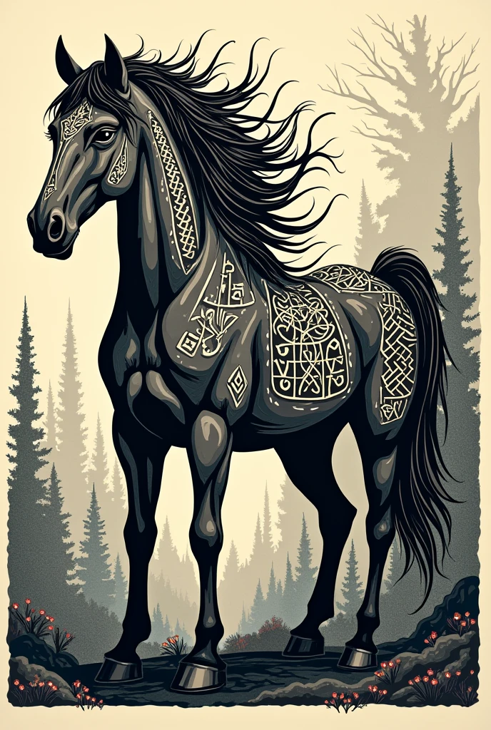Cheval mythologie nordique style estampe celtique
