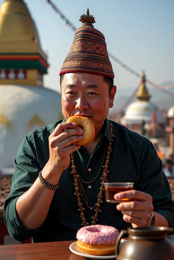 Will please create a photo of Elon musk  wearing daura sural Dhaka topi and eating donut with matka chiya with beautiful  boudha stupa background 