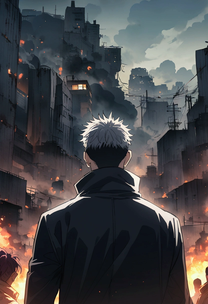Jujutsu Kaisen character in a apocalypse city, top back view, anime, dark