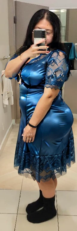 araffe woman taking a selfie in a blue dress in a bathroom, wearing blue dress, long blue dress, blue dress, wearing a blue dress, a blue dress, full covered dress, sky - blue dress, wearing a plastic blue dress, in blue dress, posing!!, belly free teal dress, dressed in blue, laced dress, flattering photo, Big tits, huge , no clothes, sexy, cute, wide hips, thick thighs, pear-shaped body, minimal clothes, thick ass, bbw, chubby stomach, thick nipples, nipple piercings, large areola, hard nipples, piercing through shirt, nipples hard through shirt, thick hips, minimal clothes, work out girl, low cut v neck shirt with cleavage, fat chubby stomach, bikini, fat round stomach, from side