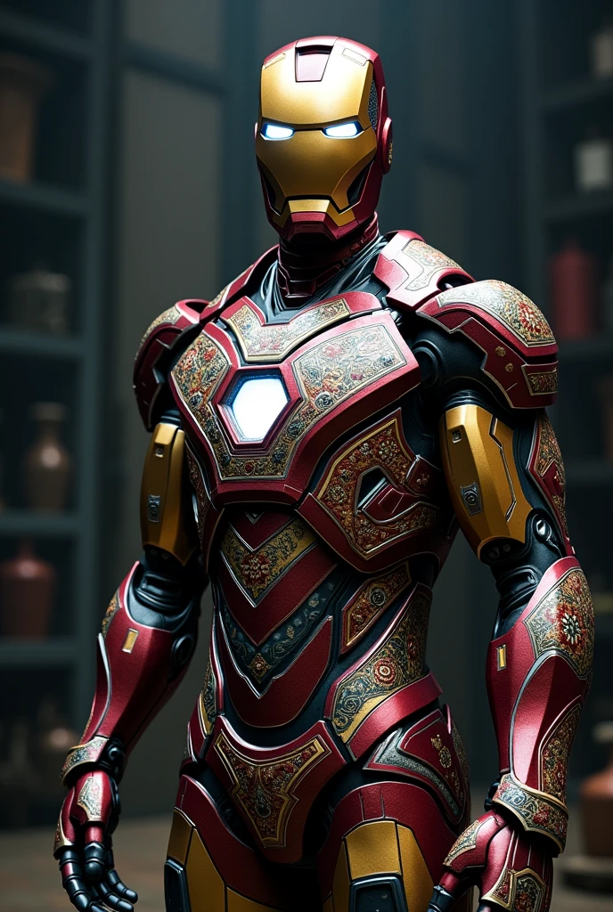 Iron man wearing traditional Filipino-patterned suit in dark background