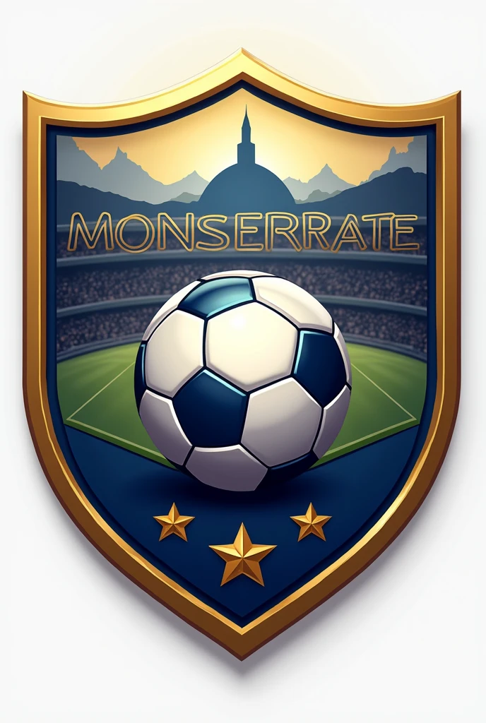 Shield for soccer team , WITHOUT LETTERS AND THAT THE COLOR GOLDEN WITH BLUE AND WHITE PREDOMINATES AND THAT IT IS ELEGANT AND THAT IT INCLUDES AN ELEGANT SOCCER BALL WITHOUT LETTERS OR NUMBERS AND THAT YOU HAVE AN IMAGE OF THE MONSERRATE HILL WITHOUT WORDS AND ELEGANT