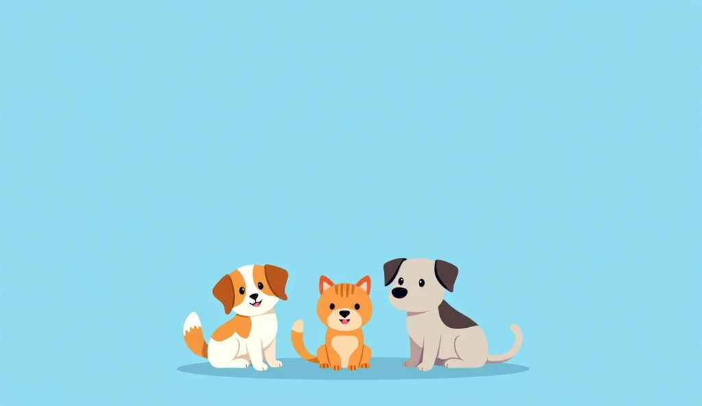 （The picture is simple and mostly blue solid background），Simple little cute dogs and cats cartoon character picture below