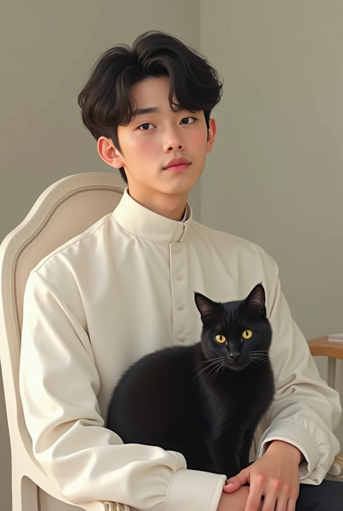 Create a realistic photo of a charismatic, cute, innocent looking and pretty boy at the age of 20 filipino-korean seminarian in white sonata holding a black cat in his lap. I will use it as a cover in my novel about a boys love story of a seminarian and vampire.