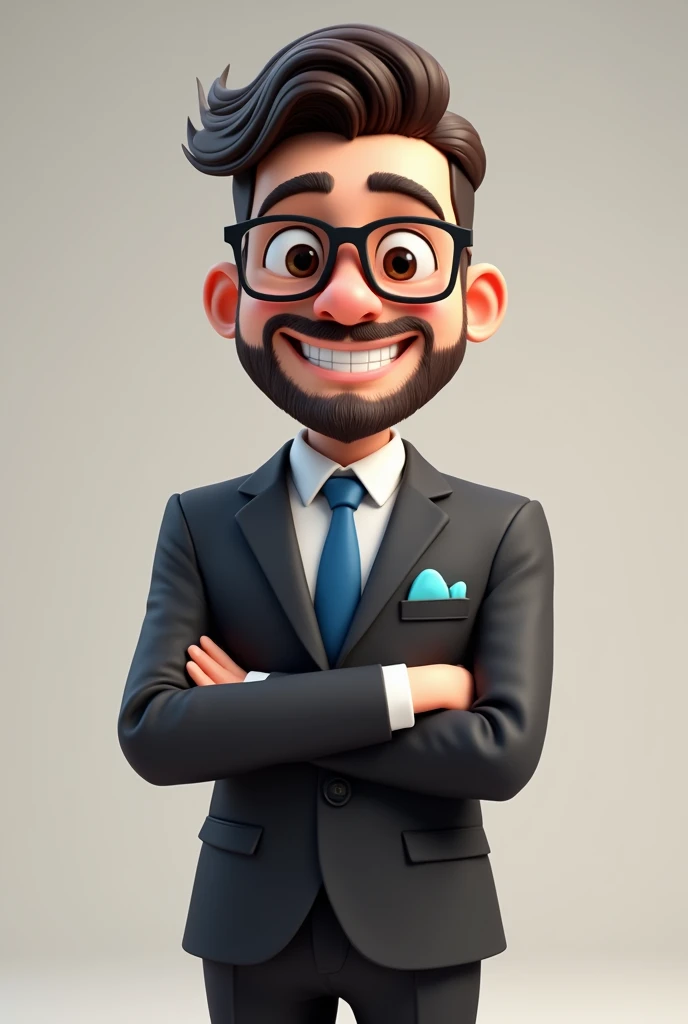 A full body 3D cartoon character. He has a friendly and charismatic appearance. The character is a young man with fair skin, a beard and dark brown hair combed up, thick eyebrows, large brown eyes and wears glasses. He is smiling confidently. The character is dressed formally, wearing a black suit, white shirt and blue tie. In his jacket pocket is a blue handkerchief, matching his tie. He has his arms crossed in front of his body. Your posture and relaxed posture suggest confidence and ease. The background of the image is neutral, which highlights the character even more.