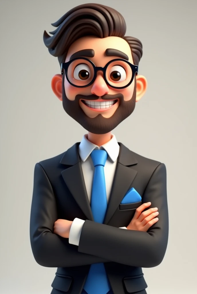 A full body 3D cartoon character. He has a friendly and charismatic appearance. The character is a young man with fair skin, a beard and dark brown hair combed up, thick eyebrows, large brown eyes and wears glasses. He is smiling confidently. The character is dressed formally, wearing a black suit, white shirt and blue tie. In his jacket pocket is a blue handkerchief, matching his tie. He has his arms crossed in front of his body. Your posture and relaxed posture suggest confidence and ease. The background of the image is neutral, which highlights the character even more.