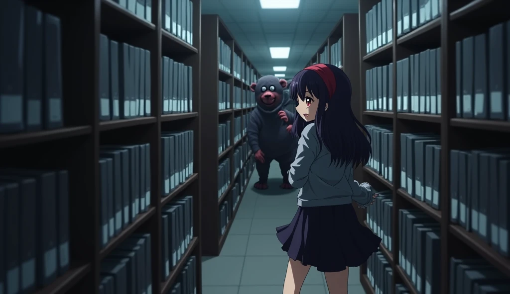 May ((A female student with long, dark purple hair that reaches the middle of her back. She always wears a red headband. She have a brown eyes color. She is wearing a long-sleeved shirt and a black skirt.)) The mole mascot ((A scary mole mascot costume, a bloody suit and carries a knife)) starts walking toward May. Its heavy footsteps echo throughout the library. May steps back, feeling terrified. She runs through the narrow passageways between the bookshelves, trying to find a way out. The mascot continues to follow closely behind.