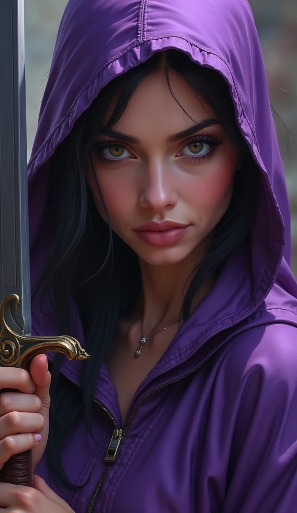 A close-up of a woman in a purple outfit holding a sword, portrait of baldur's gate character, Close-up of character portrait, close-up character portrait, close up character art, Liliana Vess, Detailed character portrait, seductive hypnotist woman, character art portrait, fantasy character portrait, character portrait art, graphic artist magali villeneuve, Portrait of an elf witch