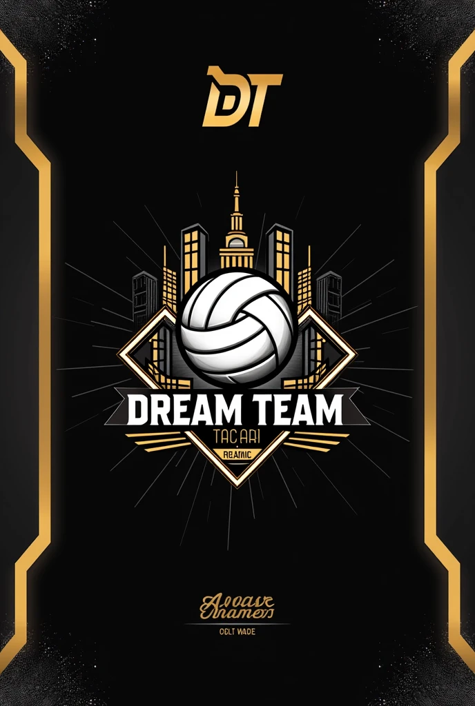 Make a tablecloth of a club called " DREAM TEAM" and it has a logo that says "DT" and the city called TACNA also appears and the tablecloth has a black background, The tablecloth is for the sport VOLLEYBALL so it has to contain something on the tablecloth that is about volleyball., which is to hang and encourage the team, with a motto that says ALWAYS WINNERS or something similar to encourage the team, that does not have many colors, only black which is the background and the letters which can be gold or white, that the ball is white and that it is long, not wide, not high