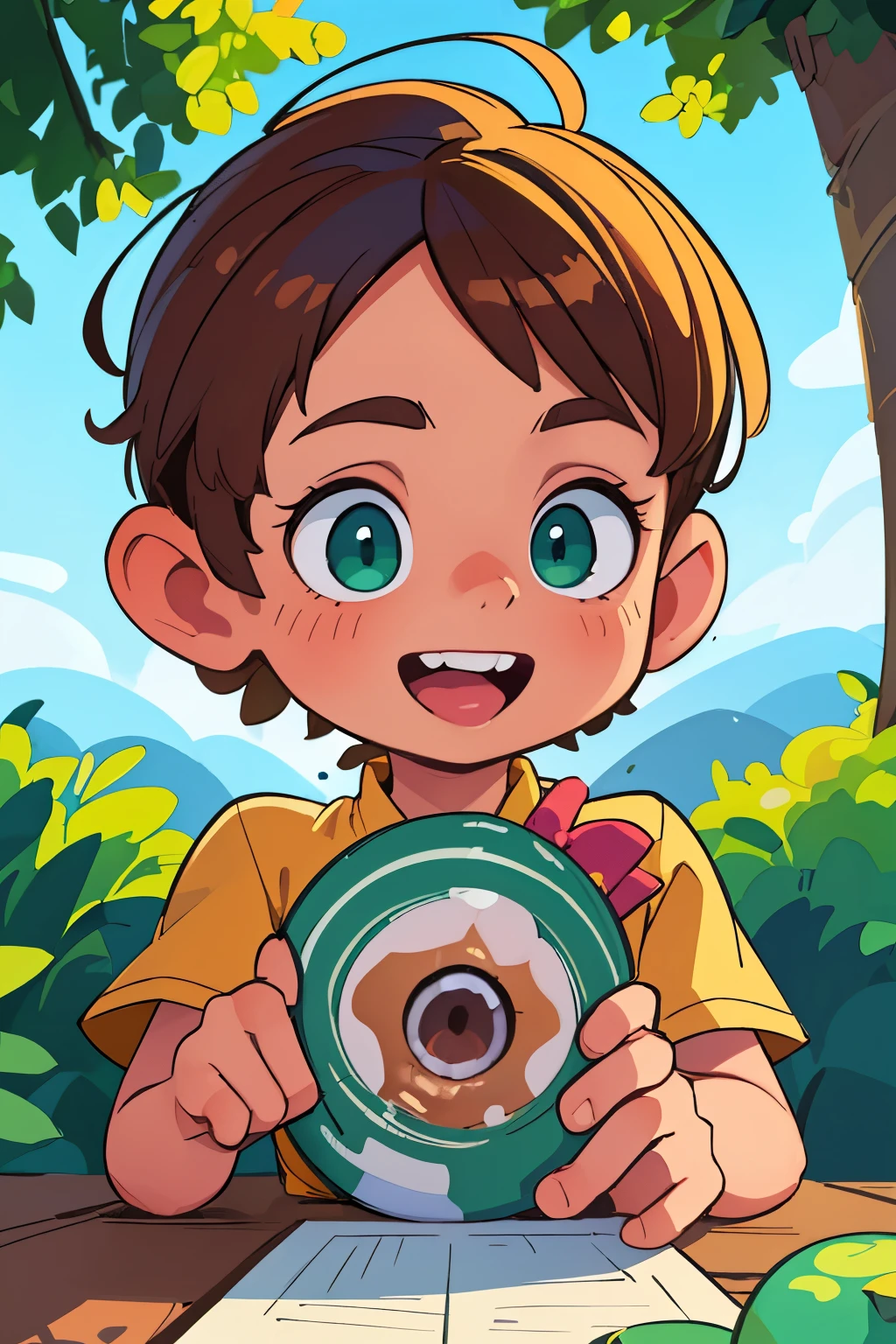 (best qualityer,4K,8k,high resolution,work of art:1.2),ultra detali,realisitic,portraite, a young boy, 6,beautiful detailed eyes, detailed, happy in a beautiful sunny day ,illustration style,swirly vibrant colors,warm hues,soft lighting,green garden background