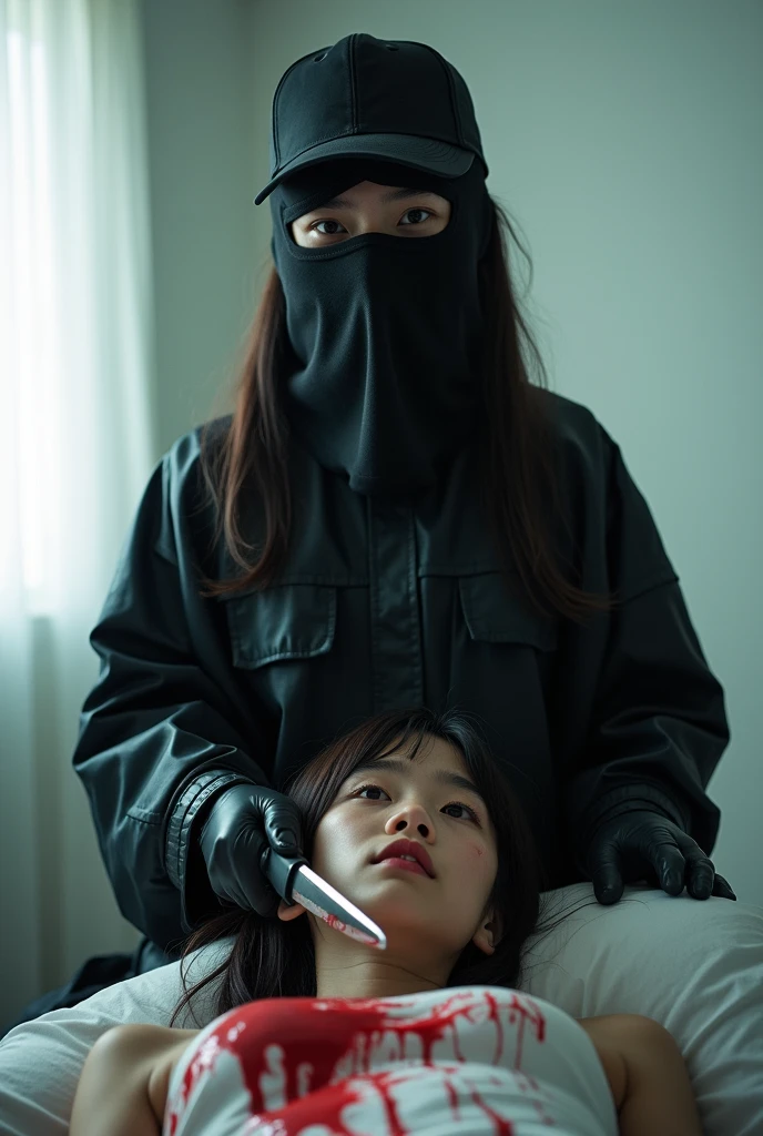 korean girl, (behind naked stiff, holding knife), stabbing, black balaclava mask, black gloves, white room, black raincoat, black wet suit, trucker hat, bloody knife, black gloves, woman on top, behind cadaver, blood splatter, on the bed, girl only, looking at viewer, mass murderer, killer, blood splatter, atmospheric realistic, light from the window,
