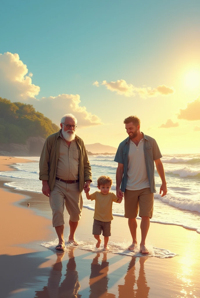 Image of a 3 man, his 30-year-old son and grandson walking on the beach