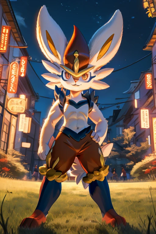 cinderace, anthropomorphic female pokemon, her right eye orange and her left eye orange, city, park , grass, night, standing pose, looking at viewer, detailed, art, live action, masterpiece, best quality, 4k