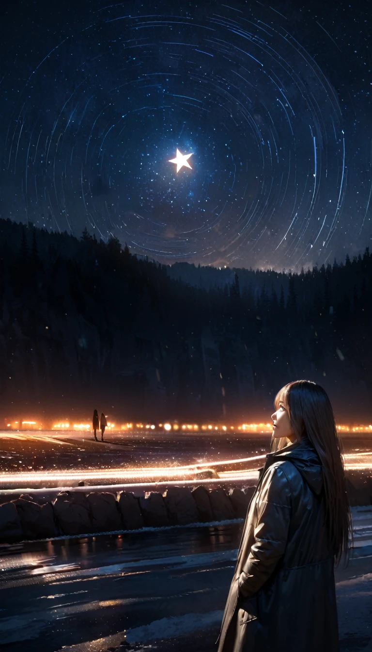 two young woman with long hair standing in a winter night sky, looking up at the beautiful starry sky, long exposure of the night sky with circular star trails, distant photo, winter, stars, night sky, silhouette, coat pockets, (best quality,4k,8k,highres,masterpiece:1.2),ultra-detailed,(realistic,photorealistic,photo-realistic:1.37),HDR,UHD,studio lighting,ultra-fine painting,sharp focus,physically-based rendering,extreme detail description,professional,vivid colors,bokeh,landscape,photography