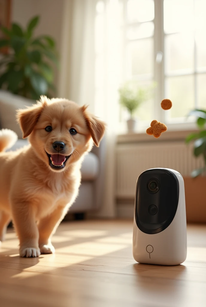 
A close-up of a Furbo camera launching a treat into the air, with a playful dog or cat eagerly waiting to catch it. The background is a bright and happy living room."
