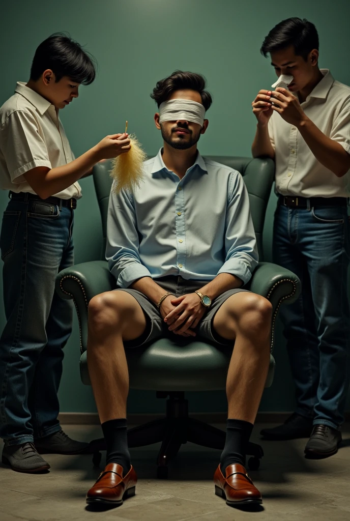Malaysia malay handsome 23years lawyer
Shoeless
Rub his feet
His handcuff in woodenchair
feet on desk
feather
Grey sock
Smock effect smelly sock
1 man sniff his socks
1 another man tickling his feet using feather
He laugh very hard
