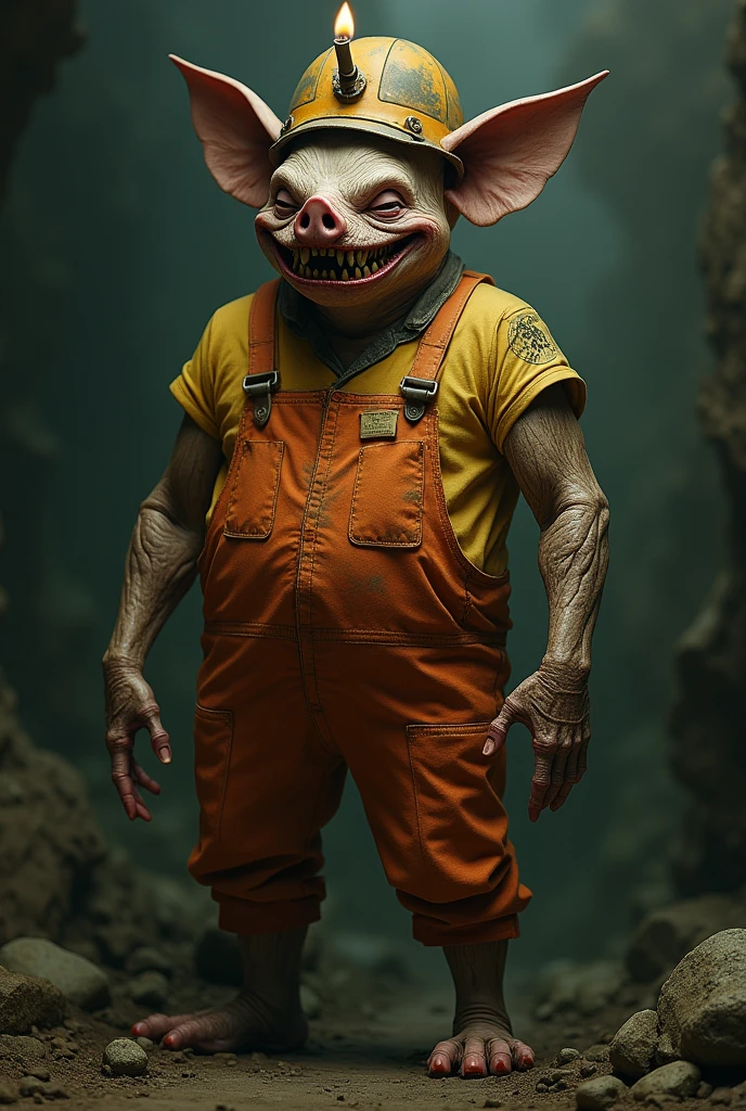 A grotesque, non-human humanoid creature with a distorted, toothless grin stretching unnaturally across its face. Its eyes are perpetually closed, adding an air of eerie mystery. It wears a worn miner's hat with a dim torch flickering on top. The creature's skin is gnarled and twisted, with pig ears crudely sewn onto its head. Its torso and legs are massive and hulking, contrasting sharply with its thin, grotesquely elongated arms. The creature is clad in a tattered orange jumpsuit over a faded yellow shirt. It is an ancient, malevolent being that feeds on the souls of children. (full body)