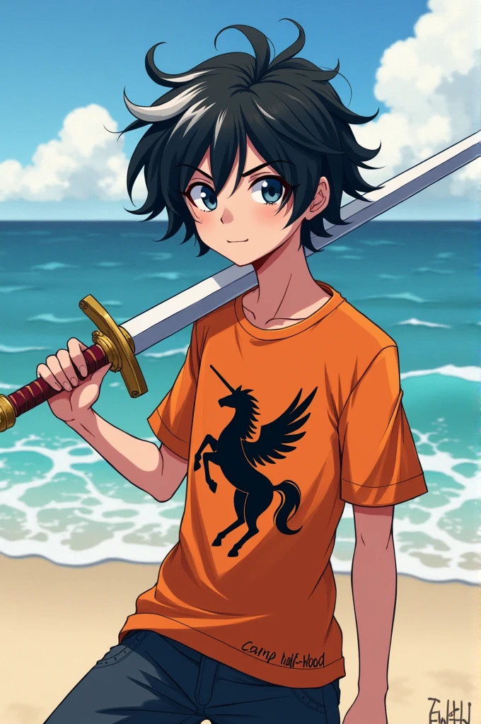 illustration, white teenager, black and wavy hair, and a white streak, with a silver sword, wearing an orange T-shirt with a black pegasus print, Written "Camp Half-Blood" on the edge of a beach ready to fight