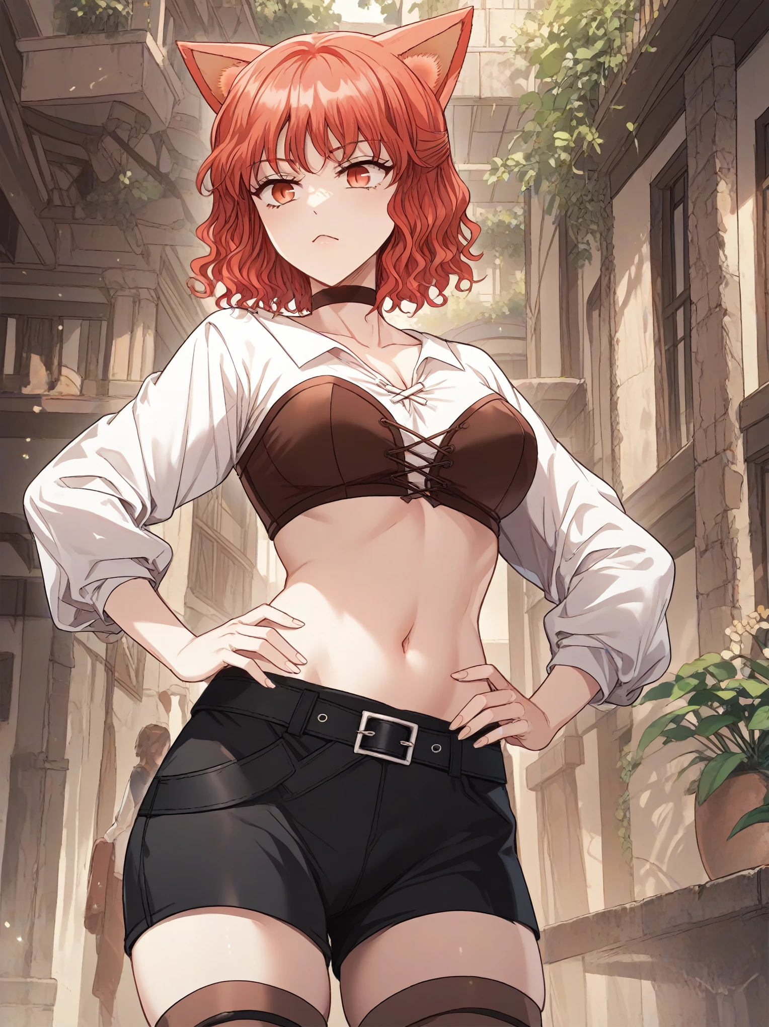 MisshaKarlstein, cat woman, red eyes, red hair, short hair, wavy hair,top tank,shorts,midriff,navel