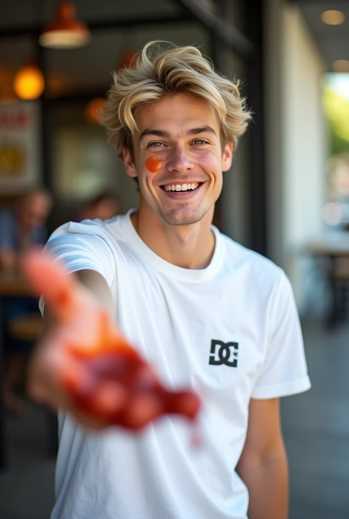 "A highly detailed and vibrant image of a young man with short, wavy blonde hair, wearing a white DC brand t-shirt. He is standing with a playful expression, laughing while looking directly at the camera. His right hand is extended towards the viewer, palm open, and covered in ketchup, adding a humorous and lighthearted touch to the scene. The background is slightly blurred to keep the focus on the subject, with warm, natural lighting enhancing the colors and creating a lively, engaging atmosphere. The overall aesthetic is fun and casual, capturing a spontaneous and joyful moment."