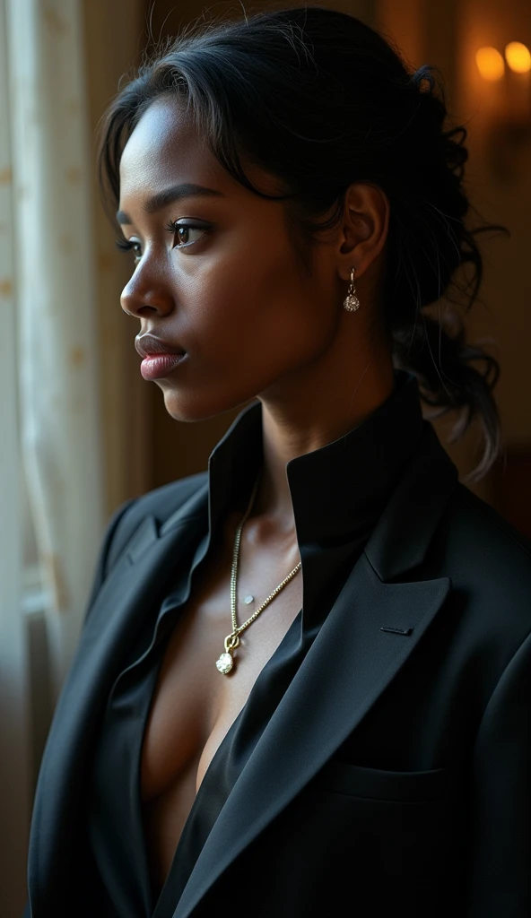 A close up of a black human female with a collar and a necklace on her neck, with a low-cut magician&#39;s suit,