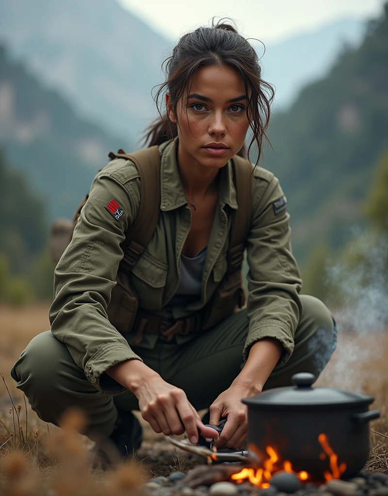 (Photorealism:1.2), beautiful woman, Female soldier cooking food