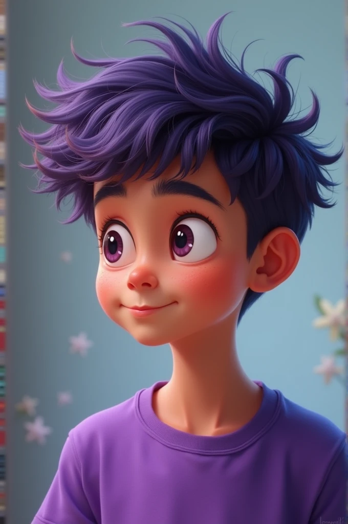 create A boy character with hairs and purple blue t shirt