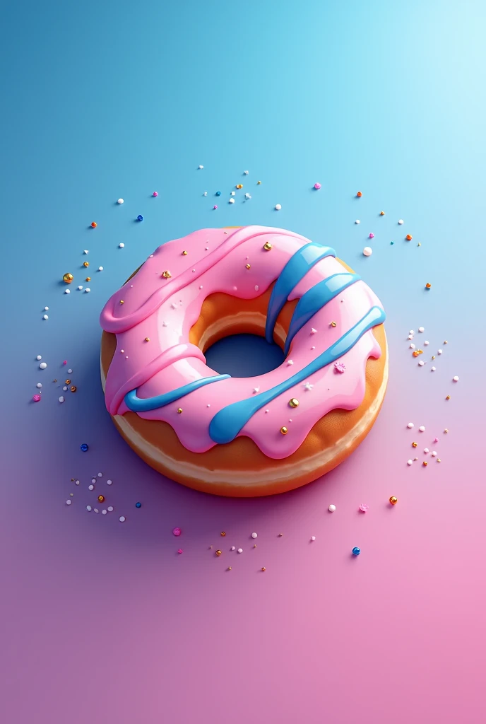 A logo with a pink and blue background with a donut