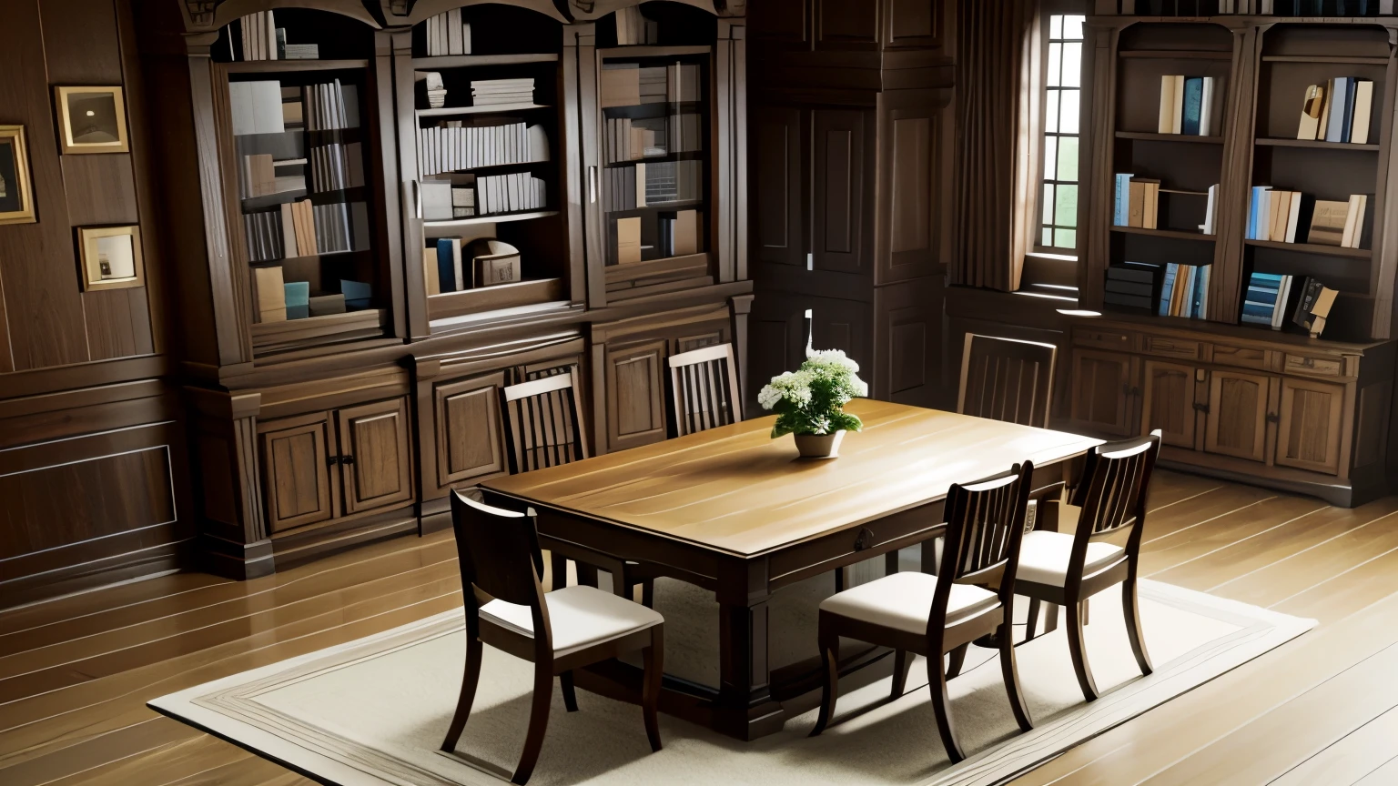 
3D architecture, wood, library, realistic book with table and chairs