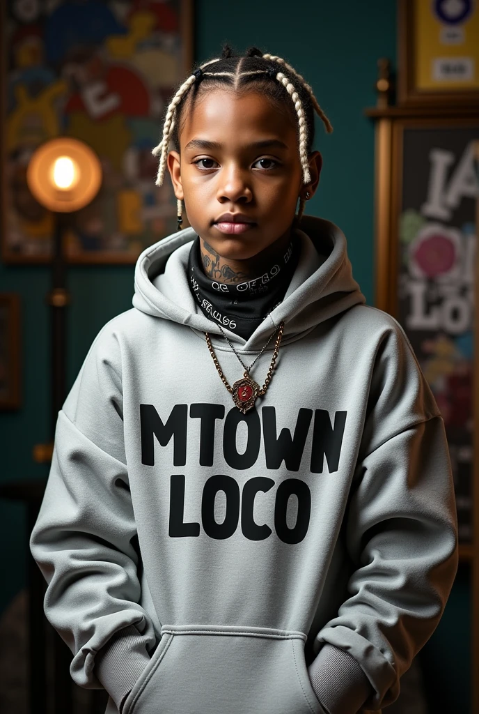 A rapper boy, on photoshoot studio, wearing hiphop necklace wearing OG written on it, ash colour hair braids, wearing bandana, Grey hoodie and jogers, MTOWN LOCO written on the front of hoodie, gangster look, realistic,tattoos on neck, hiphop pictures on the background, good lightning,