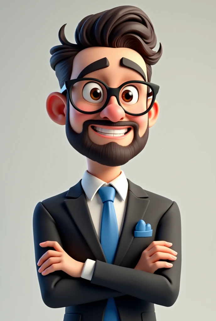 A full body 3D cartoon character. He has a friendly and charismatic appearance. The character is a young man with fair skin, a beard and dark brown hair combed up, thick eyebrows, large brown eyes and wears glasses. He is smiling confidently. The character is dressed formally, wearing a black suit, white shirt and blue tie. In his jacket pocket is a blue handkerchief, matching his tie. He has his arms crossed in front of his body. Your posture and relaxed posture suggest confidence and ease. The background of the image is neutral, which highlights the character even more.