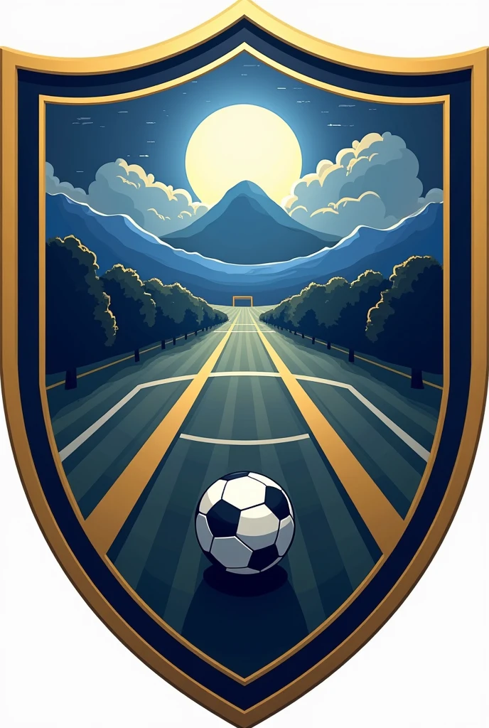 Shield for soccer team , WITHOUT LETTERS AND THAT THE COLOR GOLDEN WITH BLUE AND WHITE PREDOMINATES AND THAT IT IS ELEGANT AND THAT IT INCLUDES AN ELEGANT SOCCER BALL WITHOUT LETTERS OR NUMBERS AND THAT YOU HAVE AN IMAGE OF THE MONSERRATE HILL WITHOUT WORDS AND VERY ELEGANT