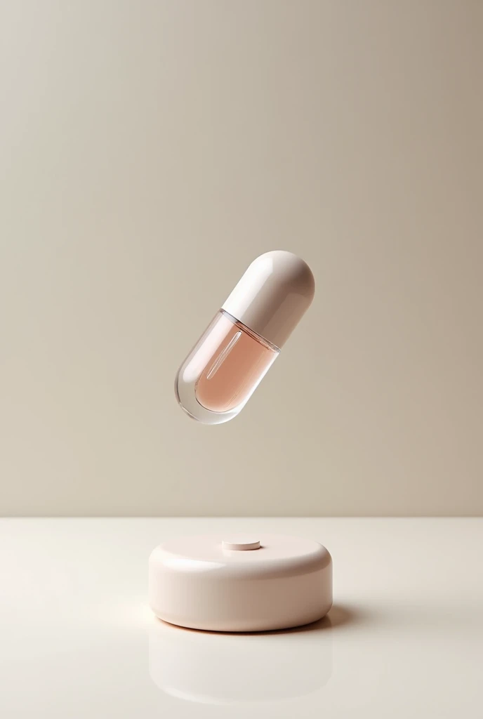 Generate a photo of the fragrance, the bottle of which looks like a capsule. with a magnetic stand, as if in the air