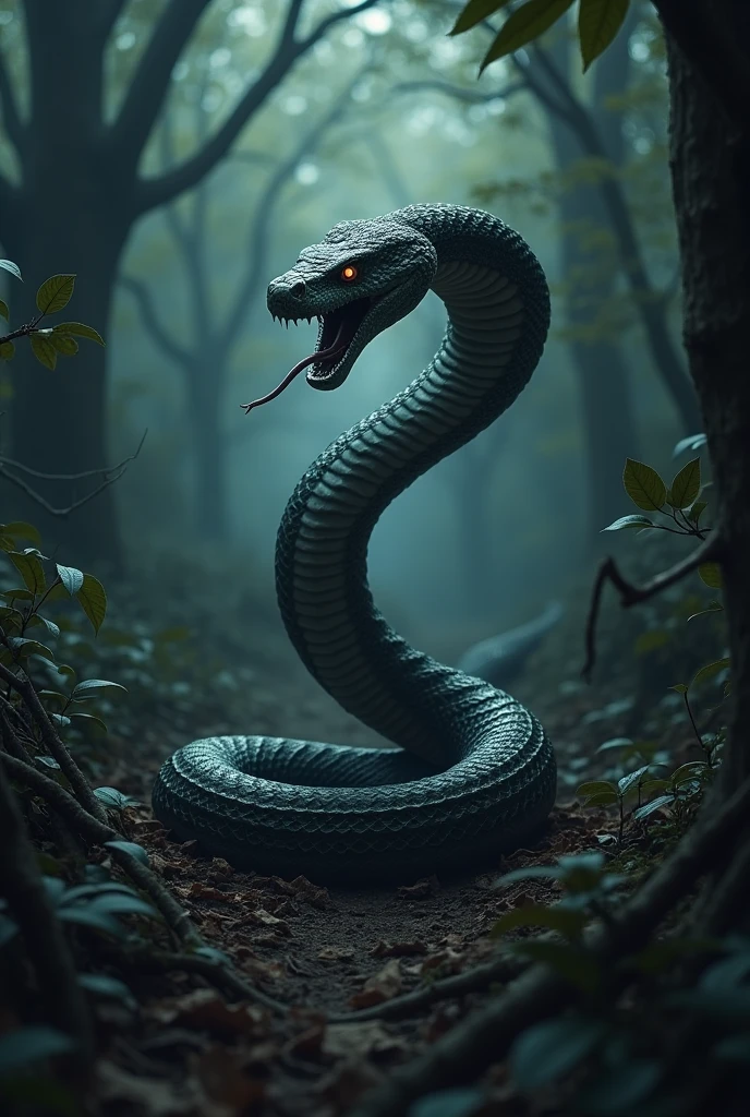 There is one scary snake in the forest.