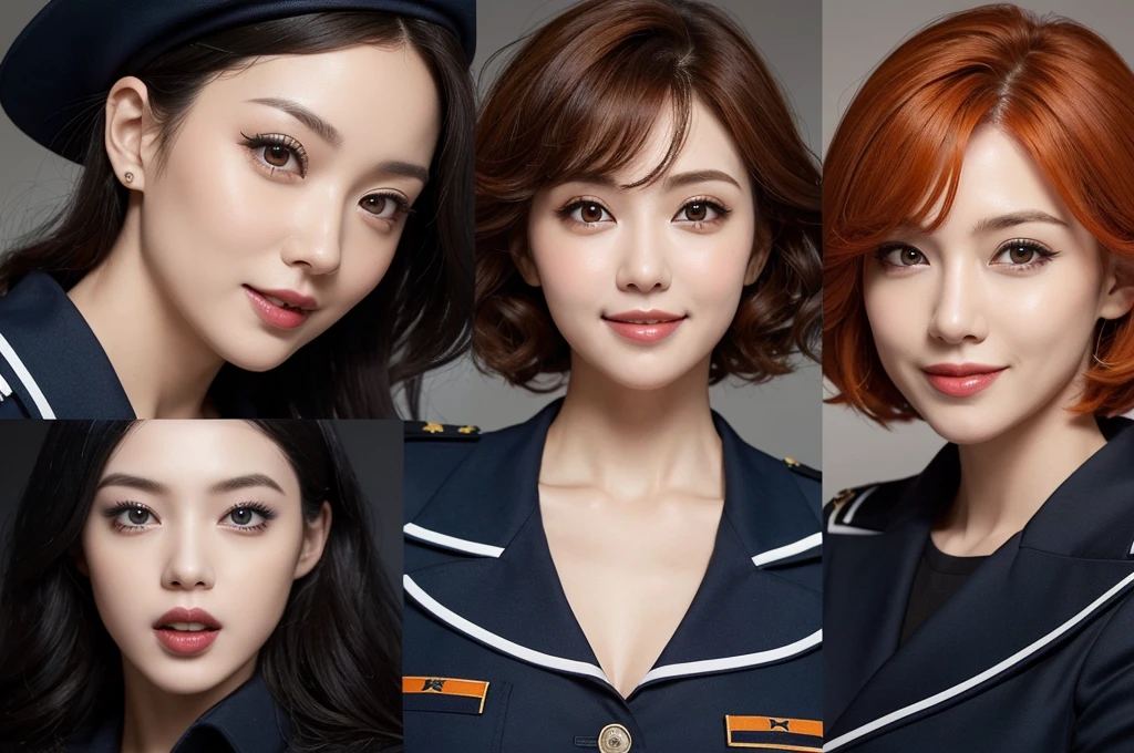 three sexy women in navy uniforms, looking at camera, cute smiles, happy opened mouths, goth eye makeup, close up faces portrait, short curly orange hair, view from below