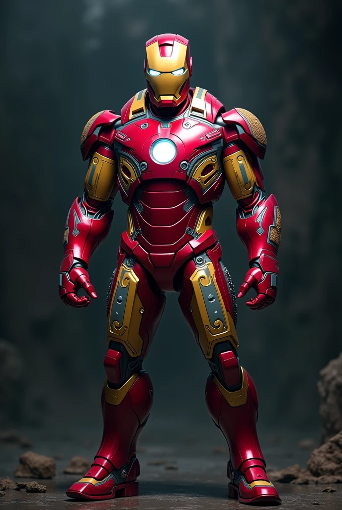 Iron man wearing traditional Filipino-patterned suit with colors blue, red, yellow, and green in dark background 