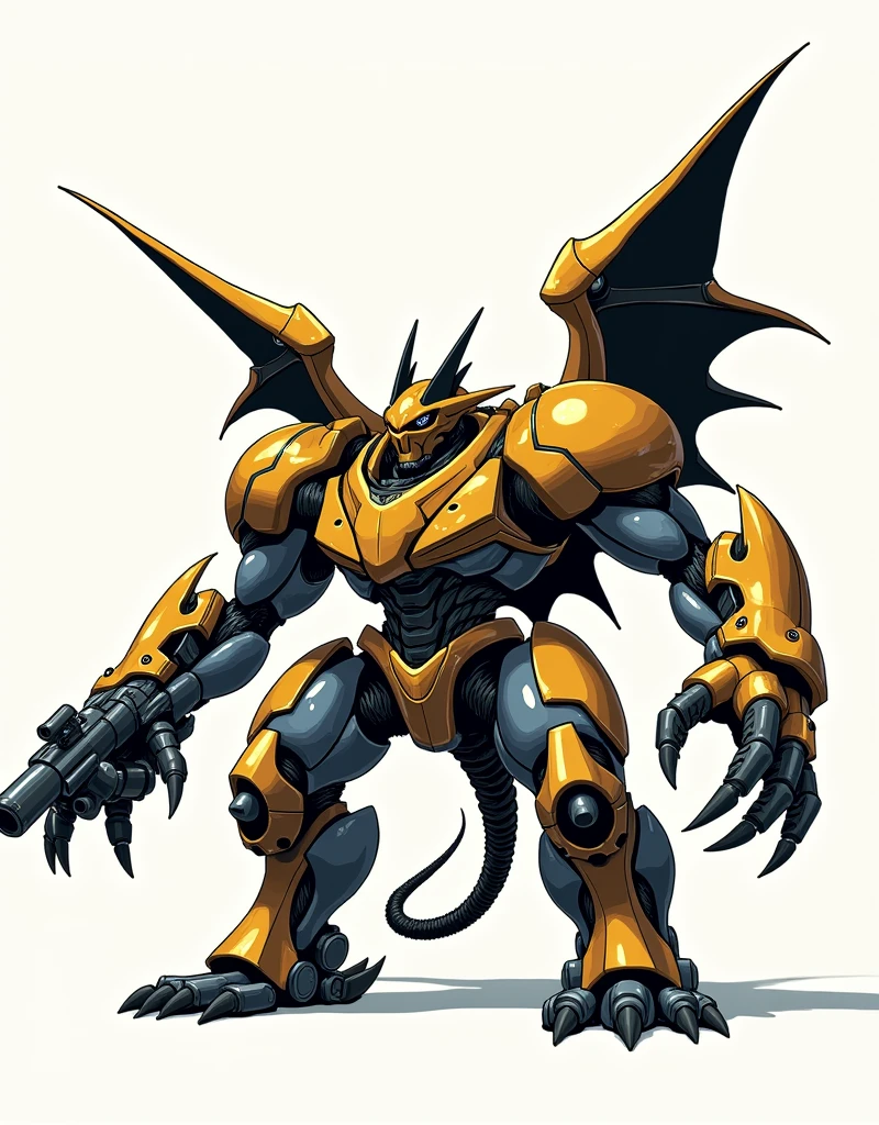 “Masterpiece, best quality, WereBat armored car style, anime art in the style of Akira Toriyama, retro-futurism, WereBat with wheels on its feet, machine guns emerging from its wings, darkness sci-fi color scheme with golden details, dynamic action pose, highly detailed armor, sharp and angular design, cinematic composition, white background, contrasting colors, smooth shading”
