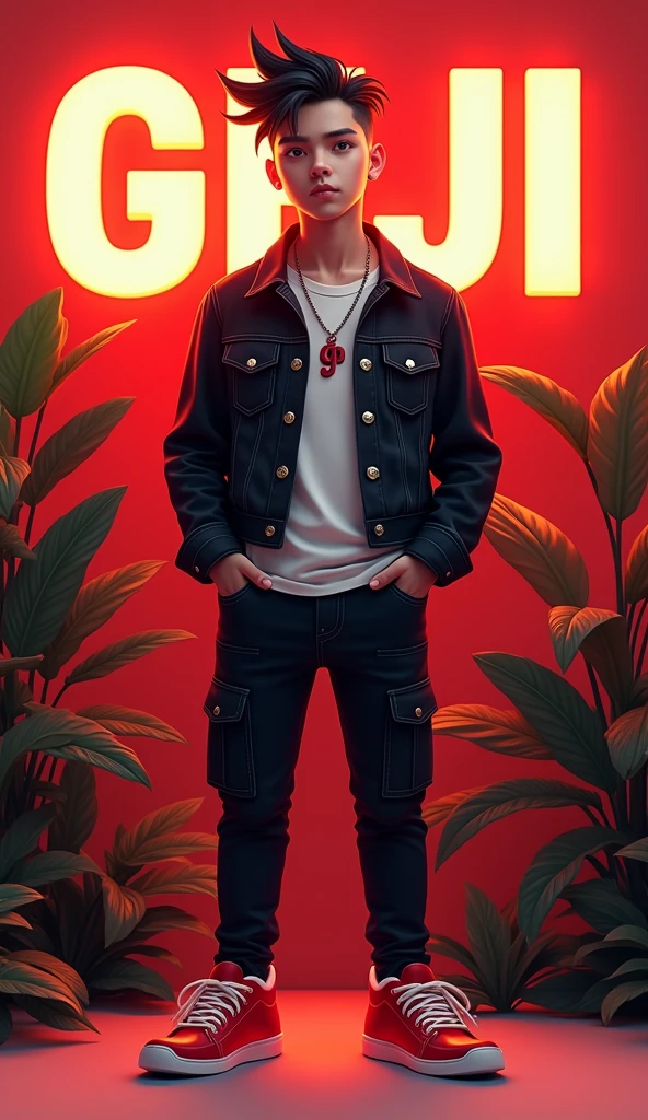 A 18 years boy modern hear style  wear a red colour ,   , background  in bold name "GEJI"  , black denim jacket , black cargo jean , , red shoes ,   ,  , realistic, background in flowering. Lighting plant, , modern style , "G" word  nackless in neck ,smile , 