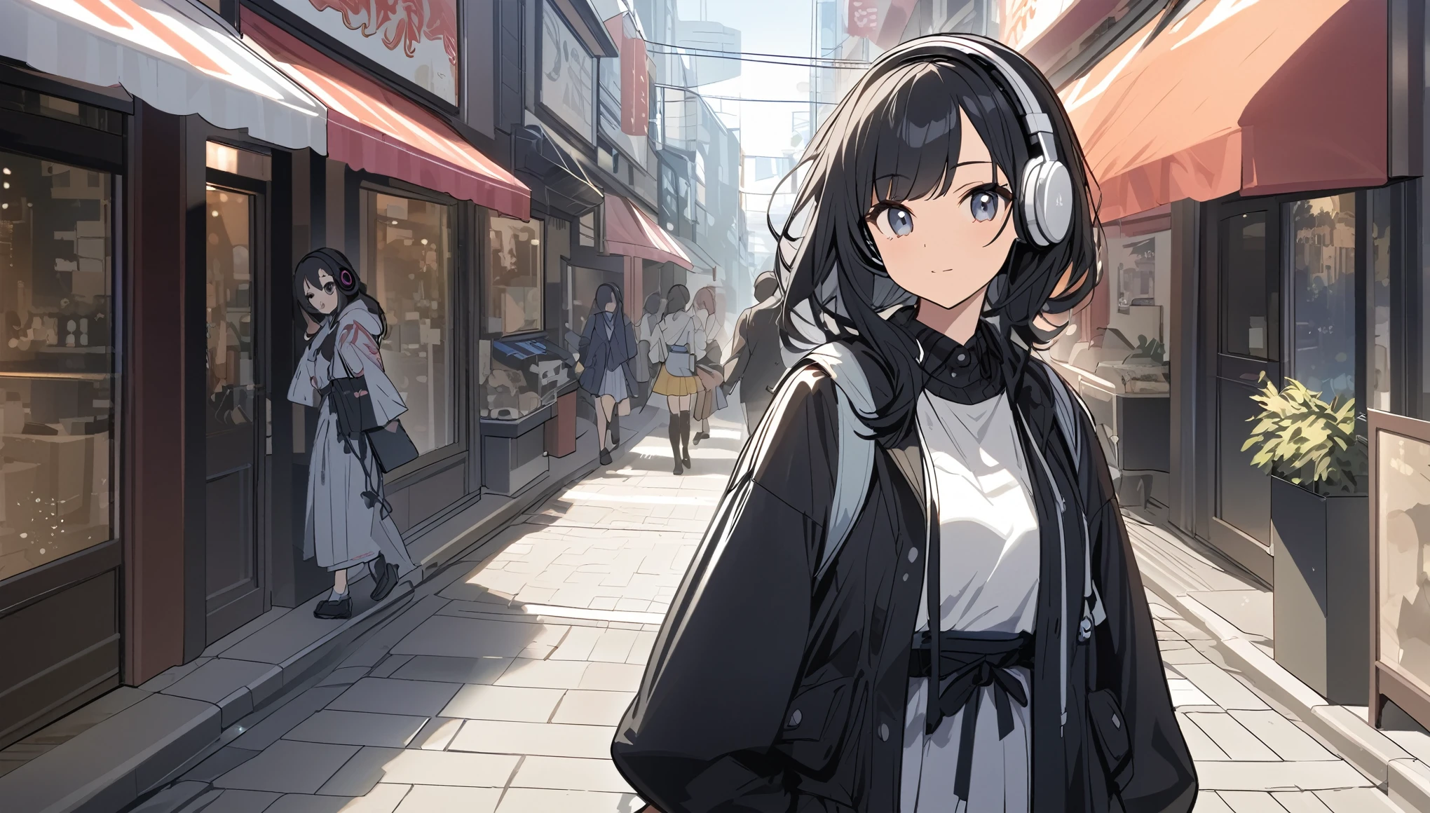 Streetscape in Tokyo、A woman with black hair and cute clothes looking at me,Streetscape、Listening to music with headphones、Japanese