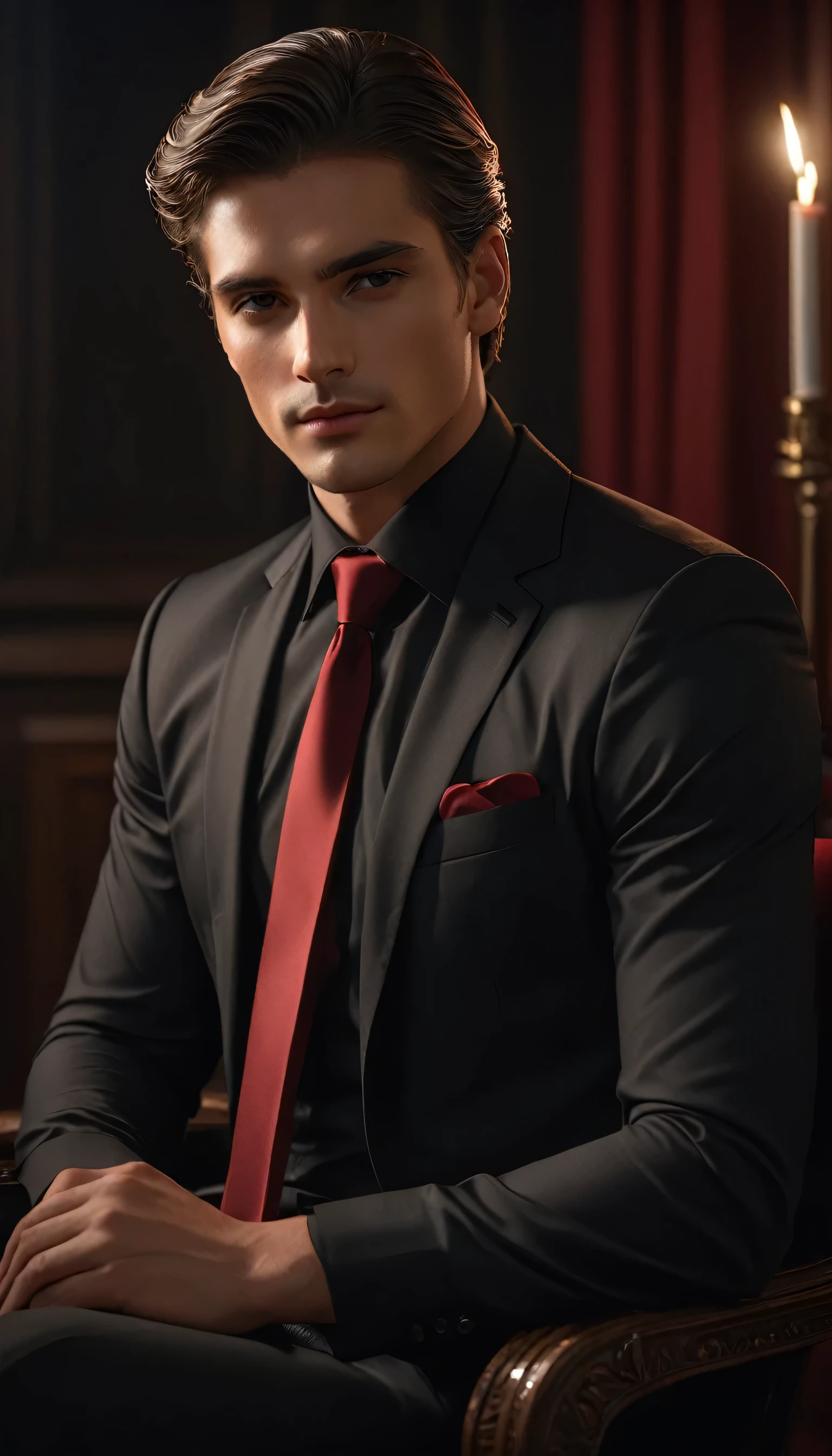 a handsome young man sitting alone, looking directly at the viewer, with a slight smile, wearing Black long sleeve shirt Collar, red tie, (best quality,4k,8k,highres,masterpiece:1.2),ultra-detailed,(realistic,photorealistic,photo-realistic:1.37),cinematic lighting,chiaroscuro lighting,elegant,formal,serious expression,contemplative,intricate details,striking pose,intricate Black clothing folds,dramatic lighting