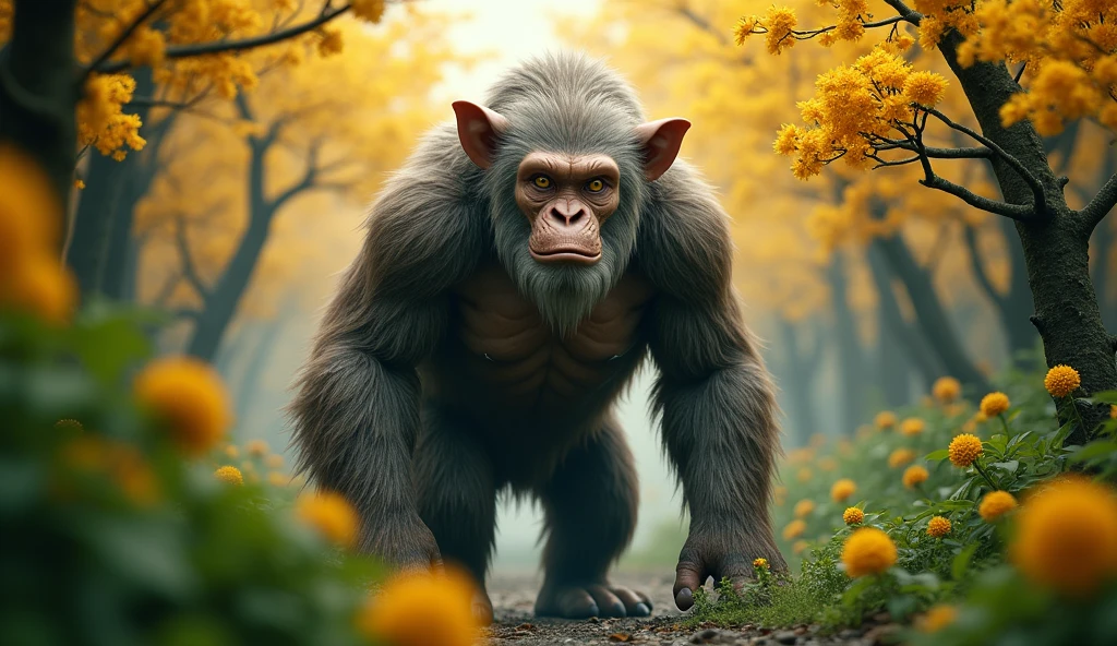 Front view,There is a wild beast in the osmanthus forest,Looks like an ape but has white ears,Standing and walking(best quality,4K,8k,High level,masterpiece:1.2),Ultra Detailed,(lifelike,Photo real,Photo real:1.37)